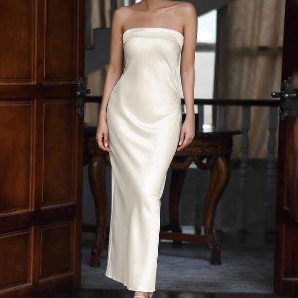 Apricot Elegant Women's Solid Color Strapless Dress - Picture 4 of 6